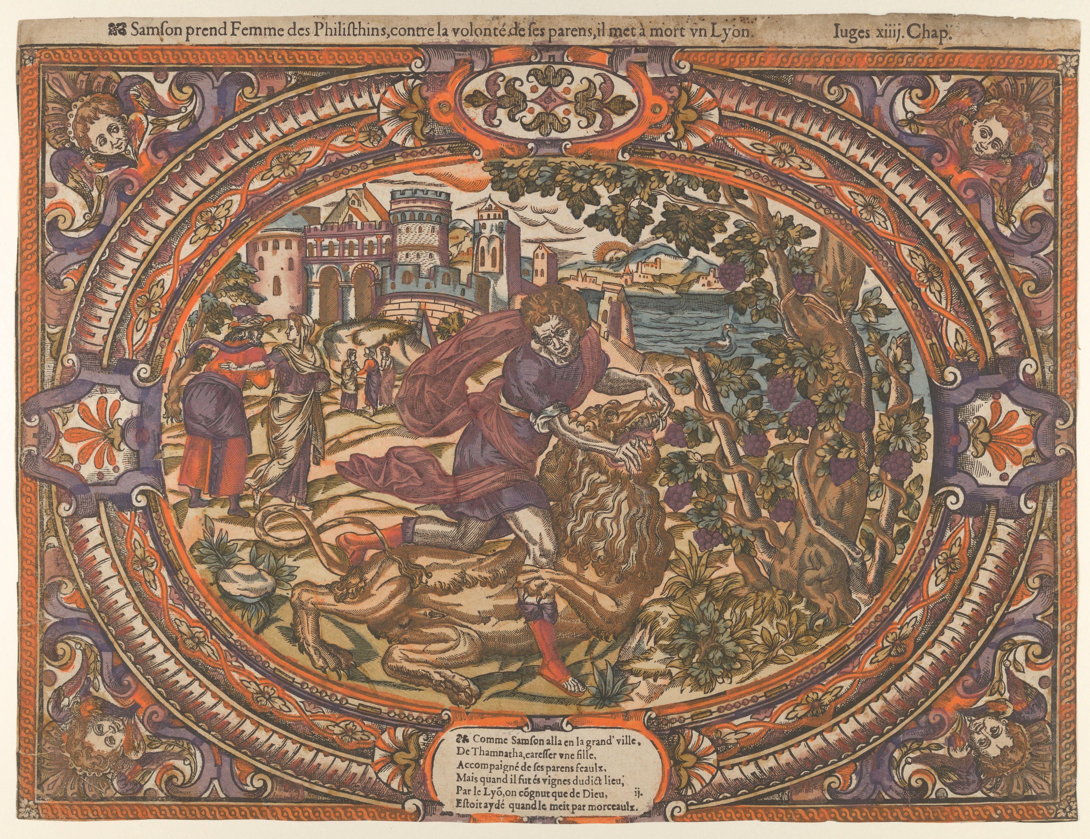 Samson Killing the Lion Antique Print