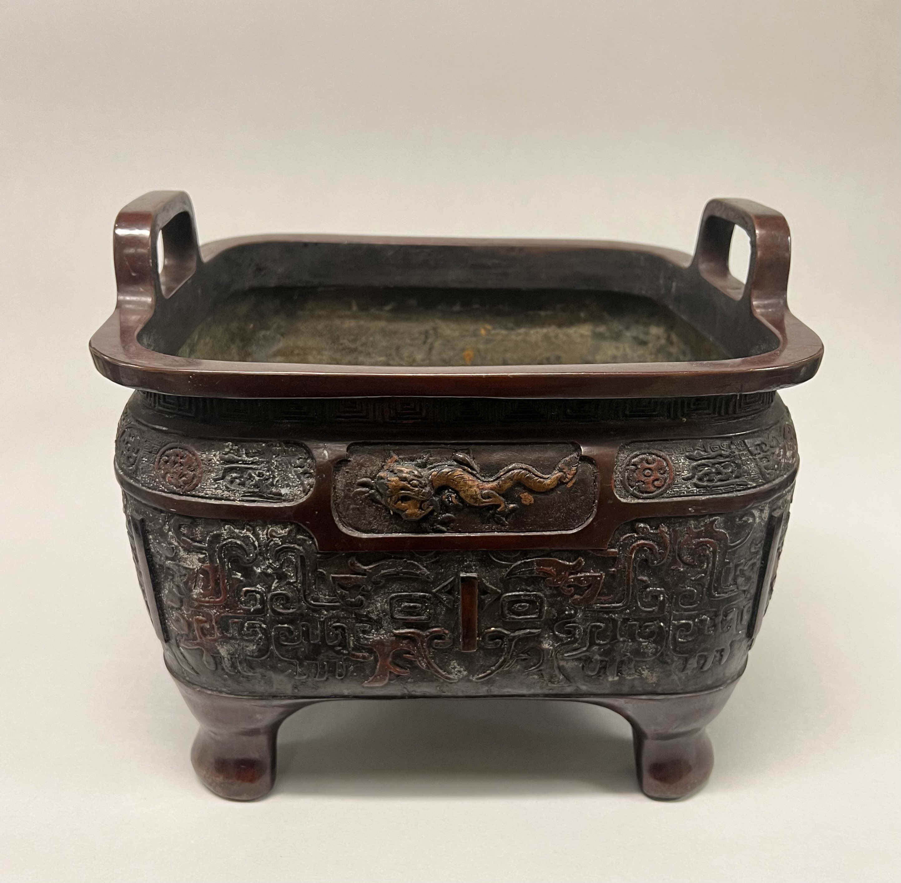 Carved Antique Bronze Square Incense Burner