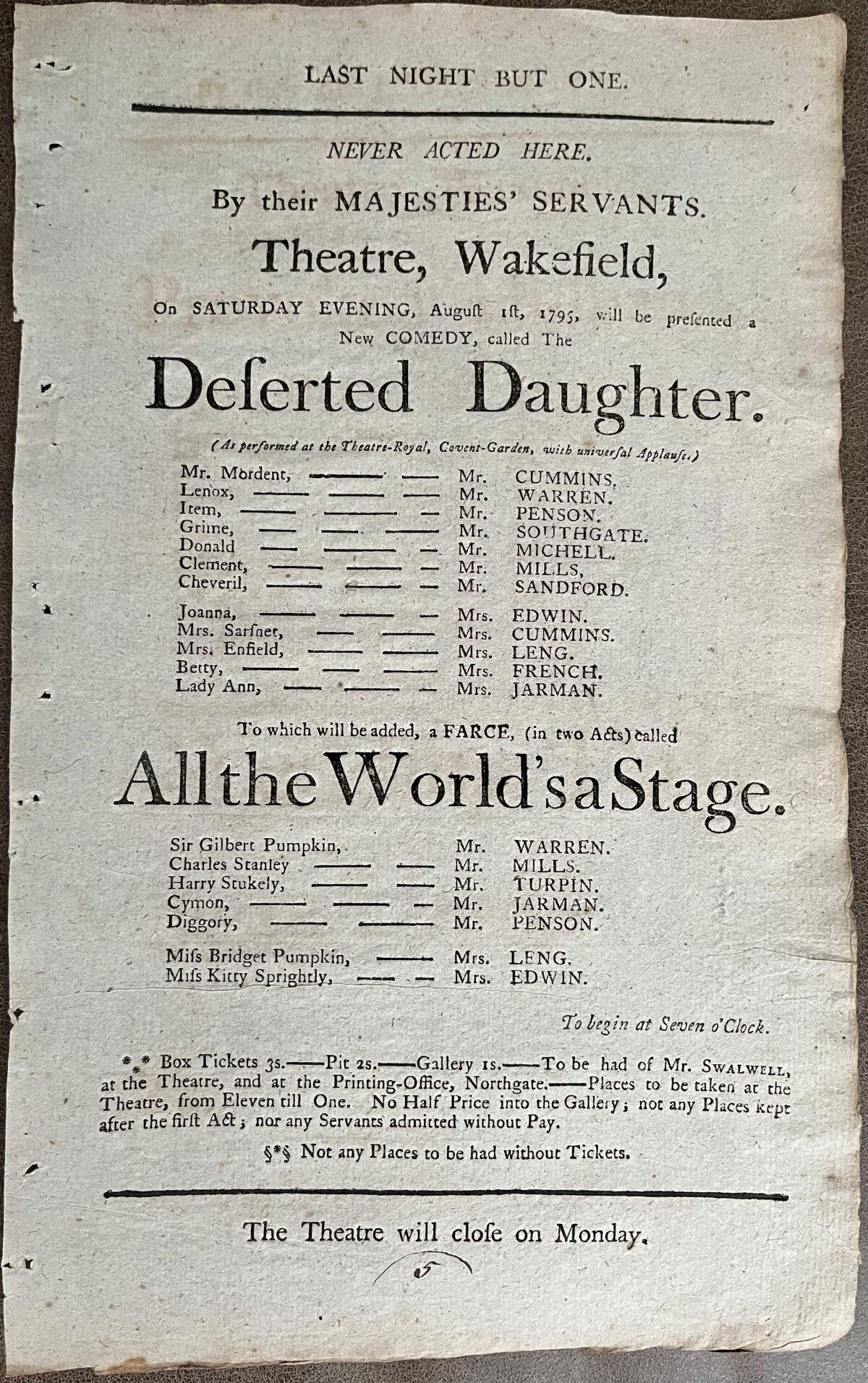 1795 Wakefield Theatre Playbill