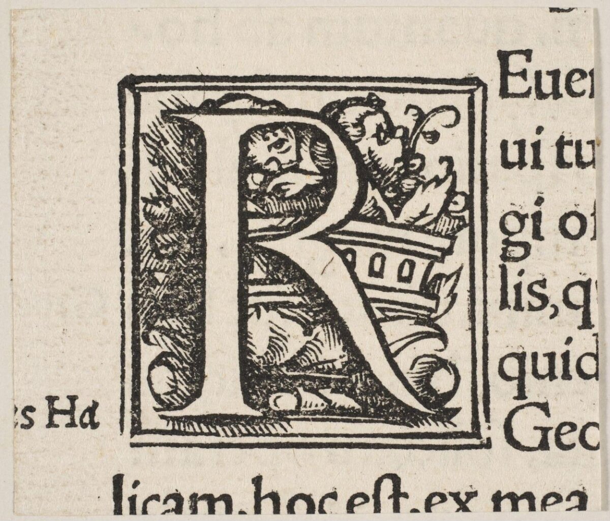 Woodcut Decorated Initial Capital R