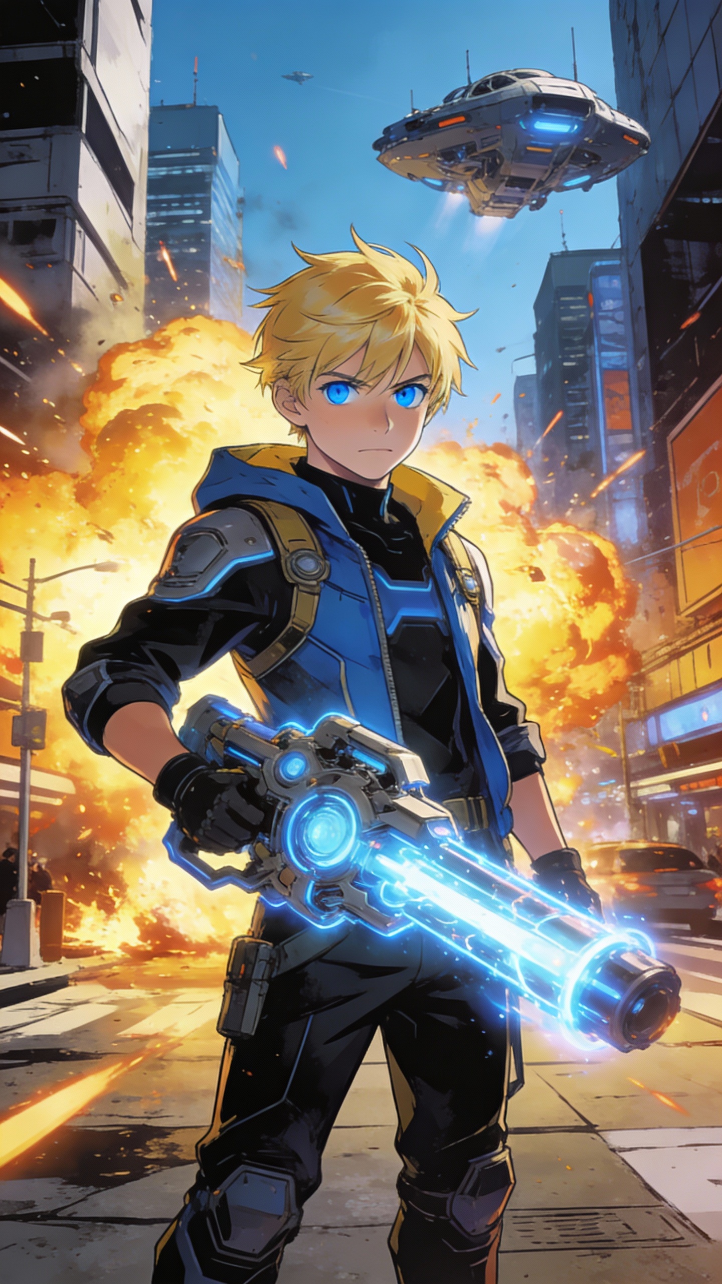 Blonde Anime Hero in Burning City
