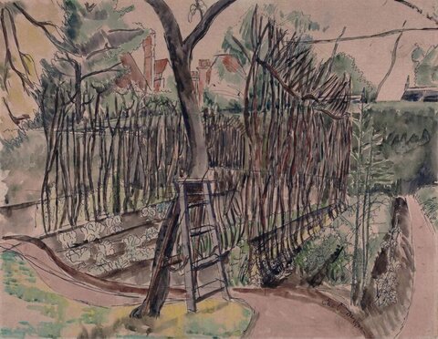 Watercolor Orchard Garden Scene