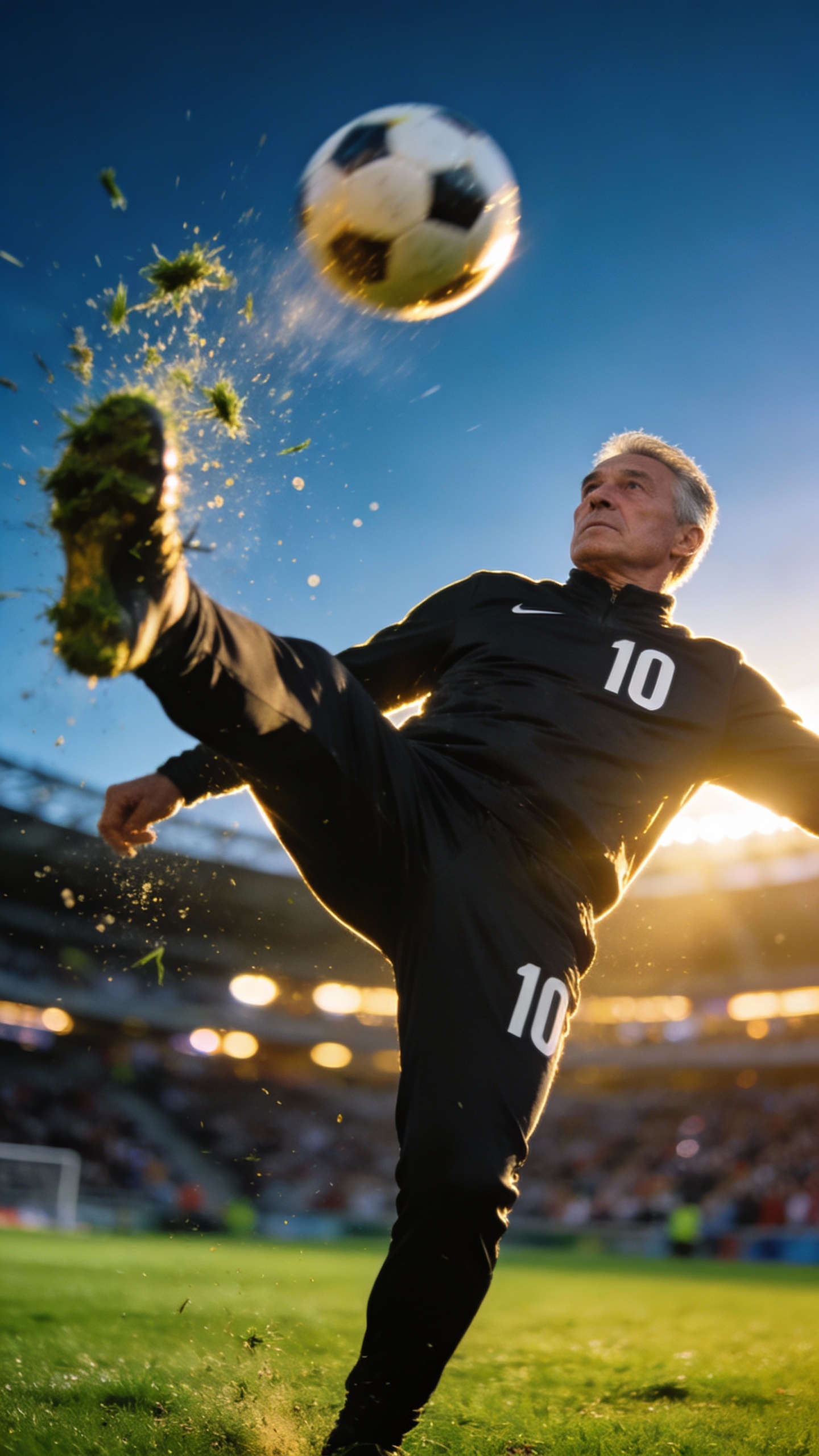 Senior Soccer Player Kicking Ball in Stadium