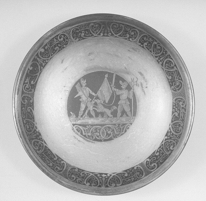 Engraved Antique Bowl with Hunter Scene