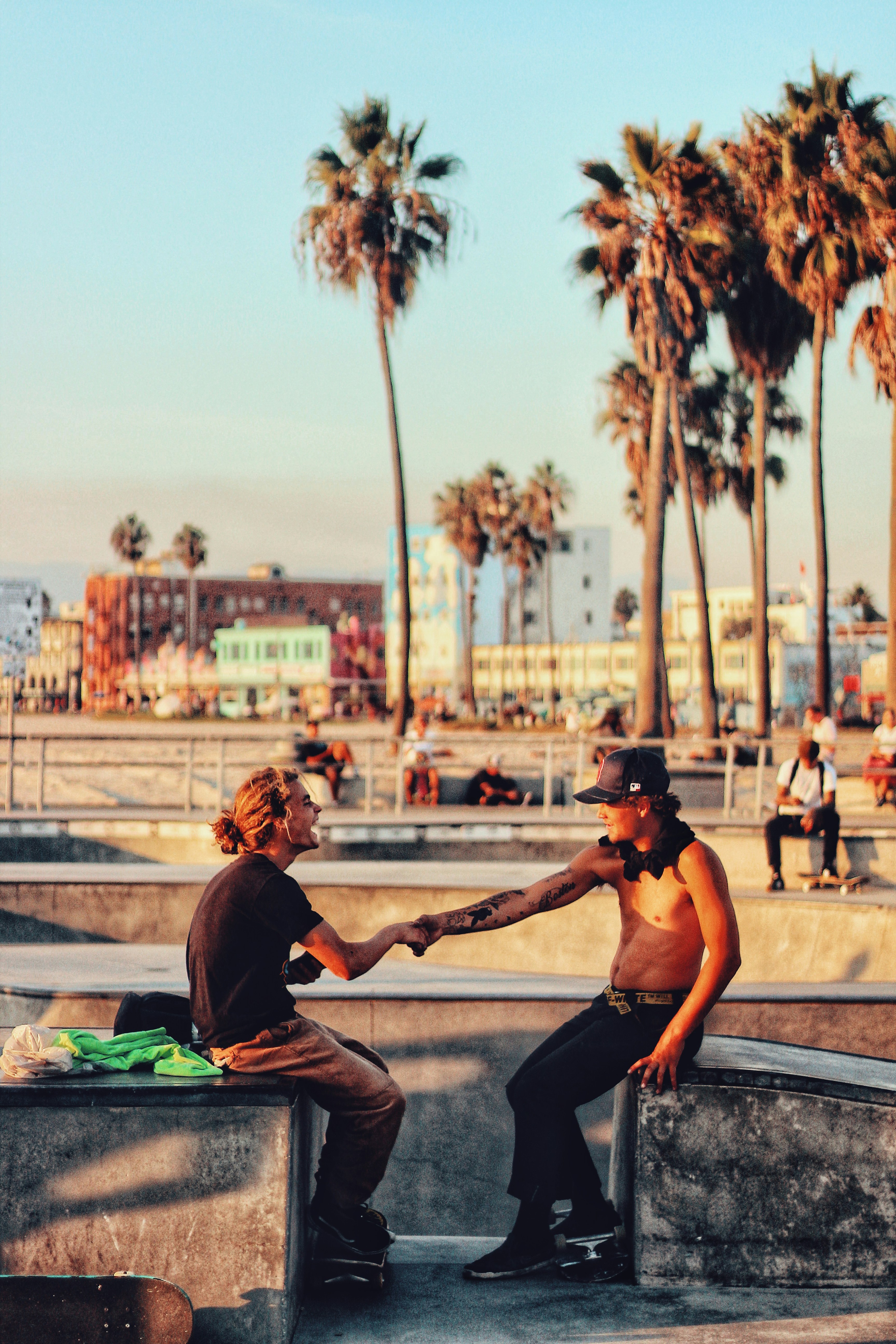 Two Skaters Shaking Hands at Skatepark