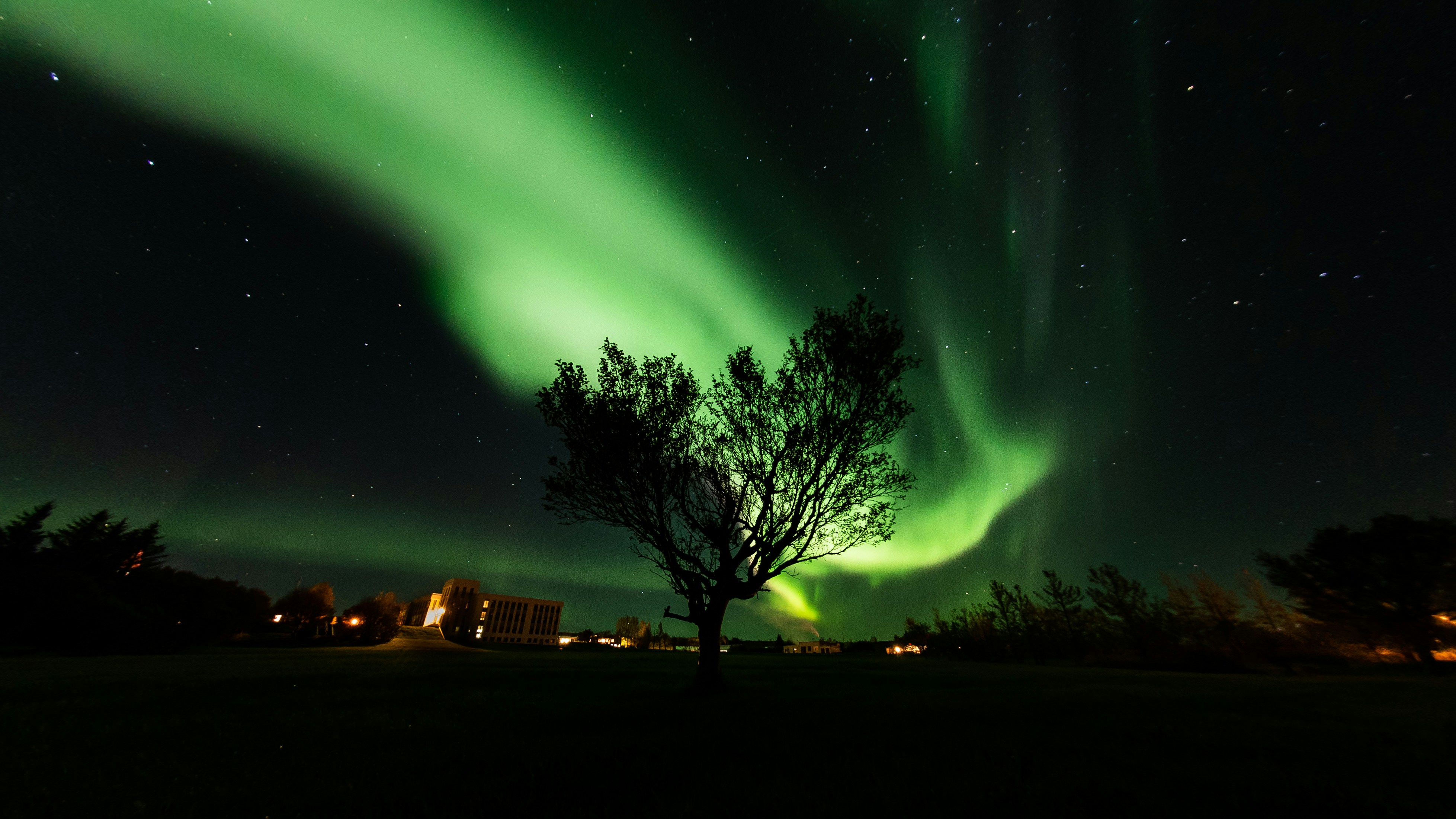 Green Aurora over Night Landscape