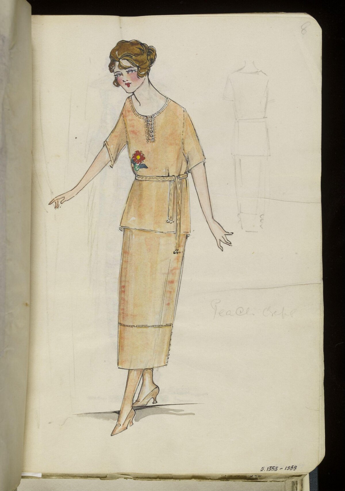 Vintage Peach Crepe Dress Fashion Sketch