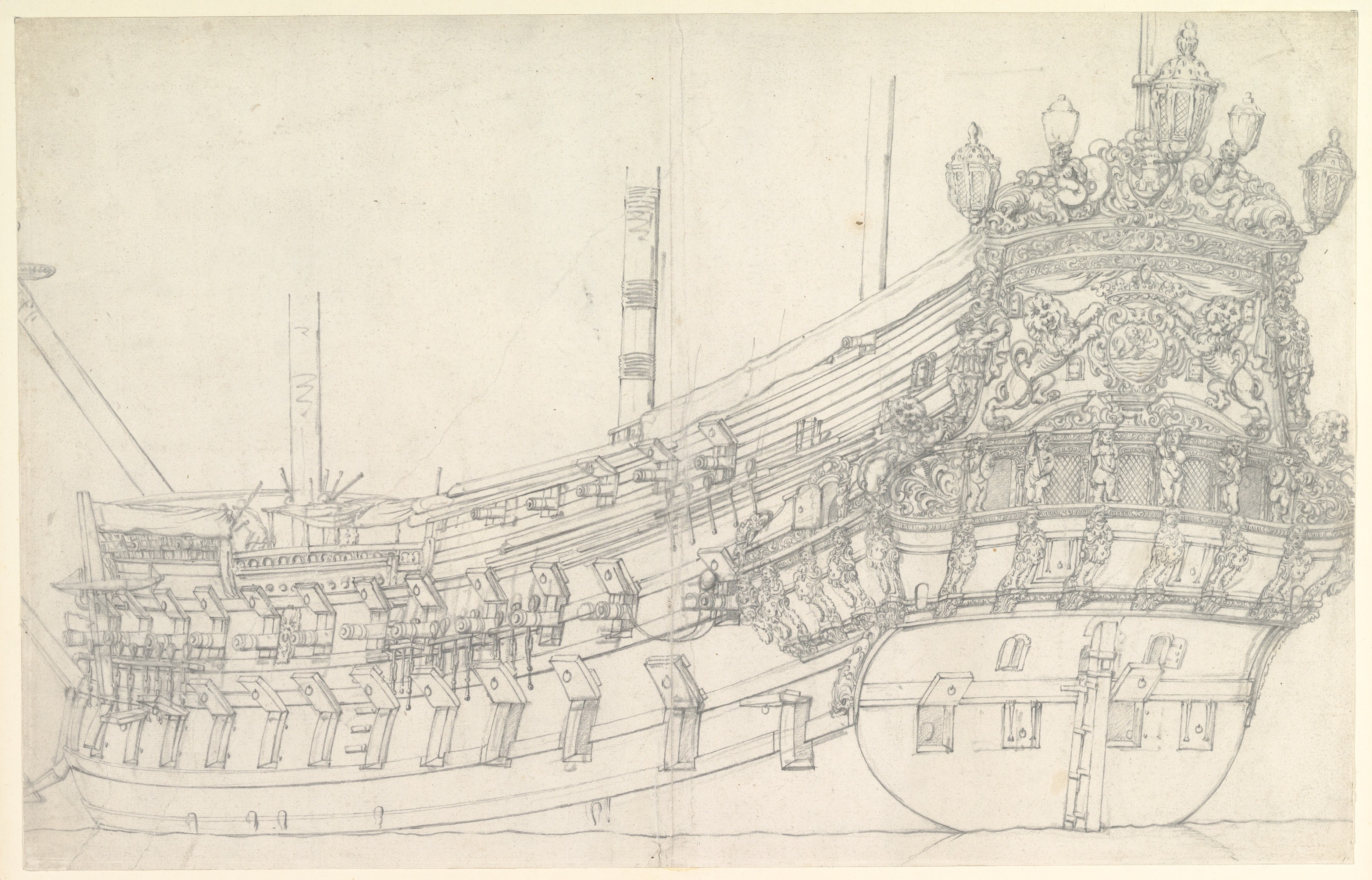 Pencil Sketch of Ornate Ancient Sailing Warship