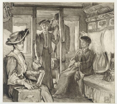 Sketch of Passengers in Train Compartment