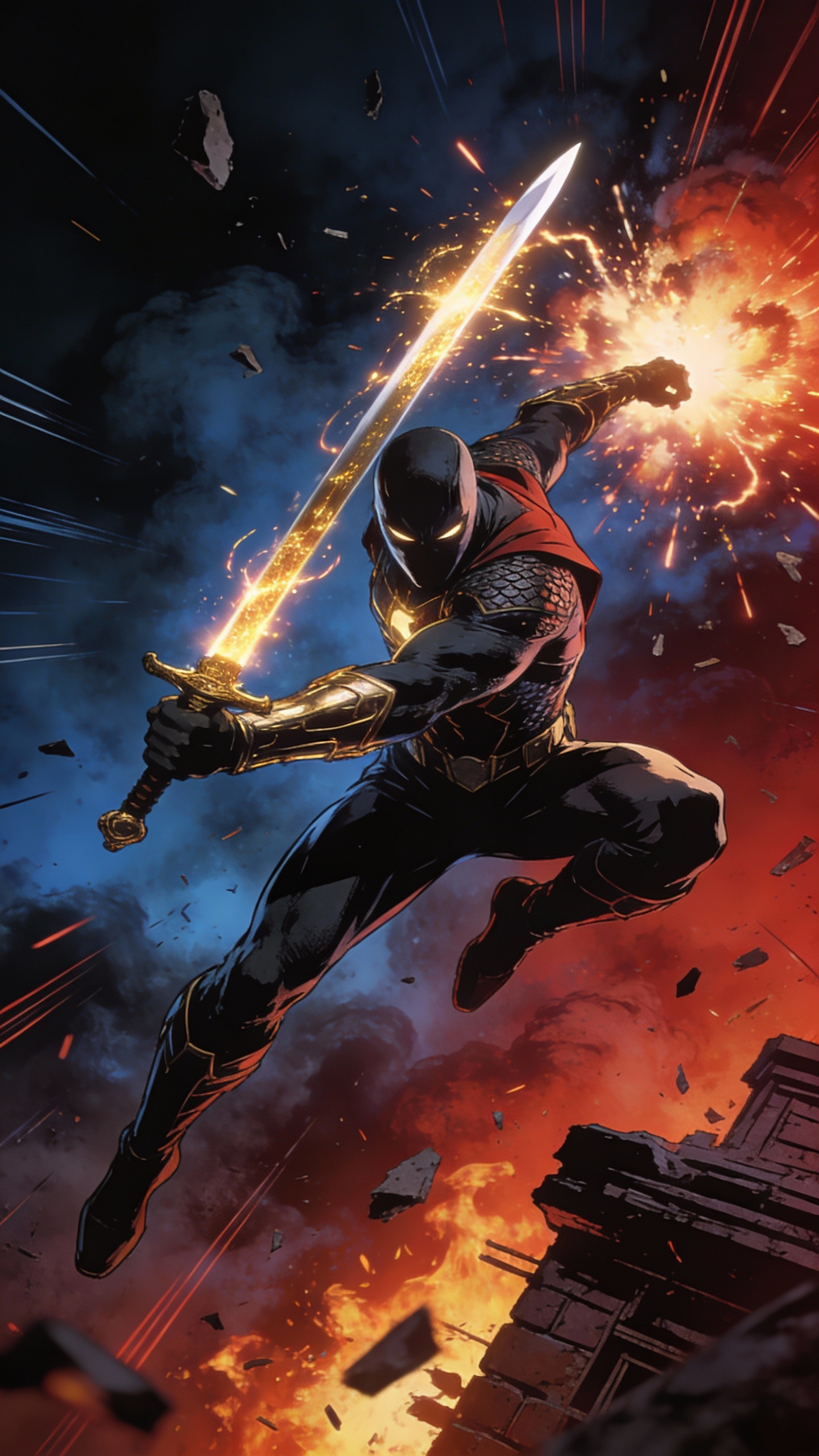Masked Hero Leaping Through Battle Explosion