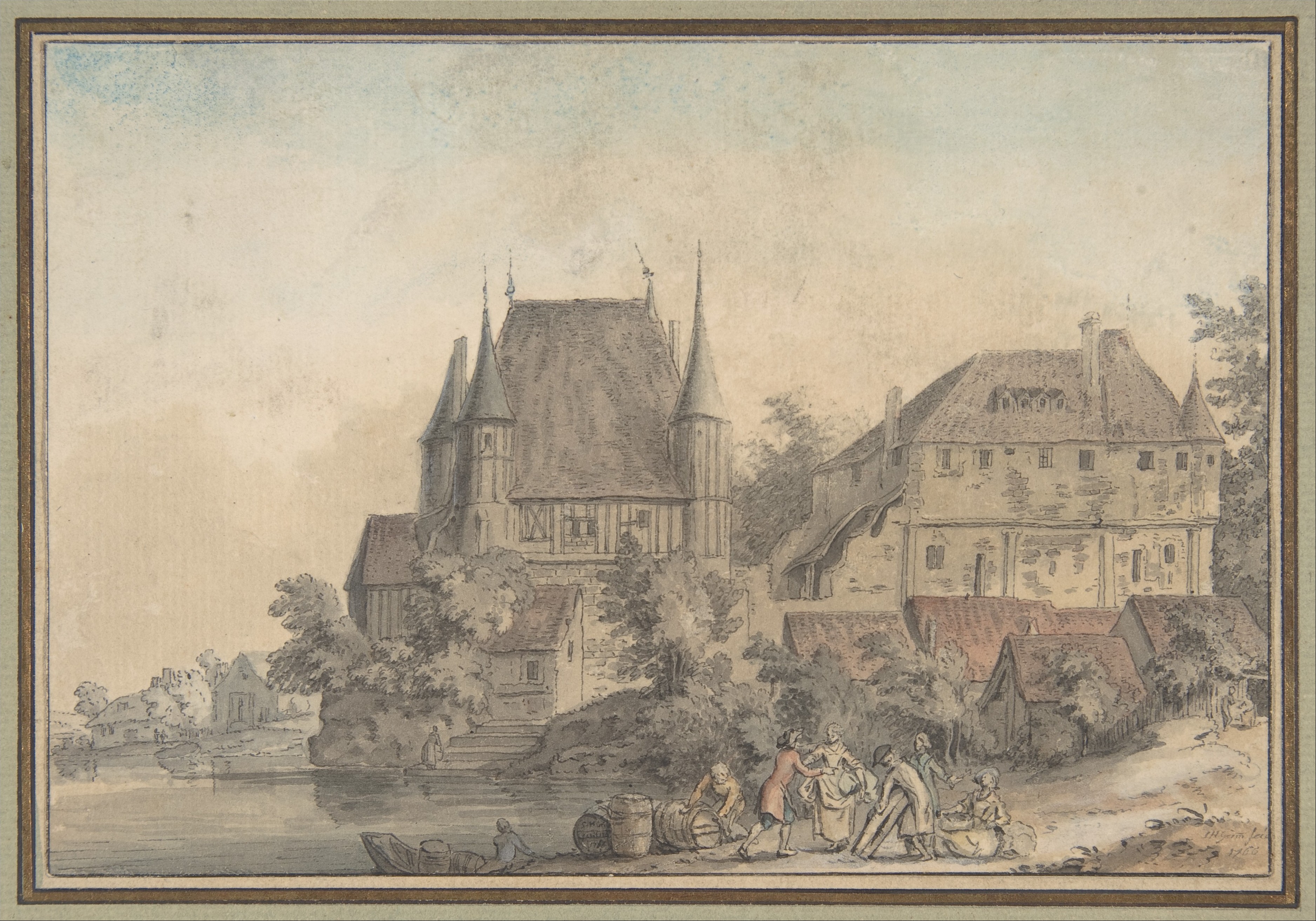 Riverside Chateau Watercolor Scene