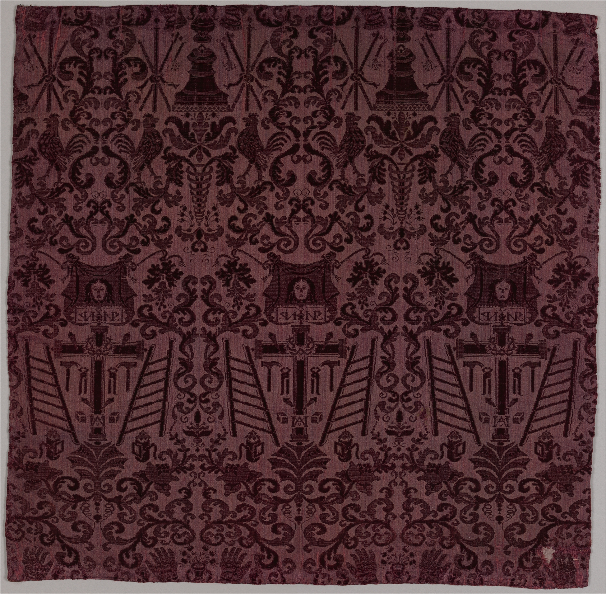 Purple Damask Textile with Christian Symbols